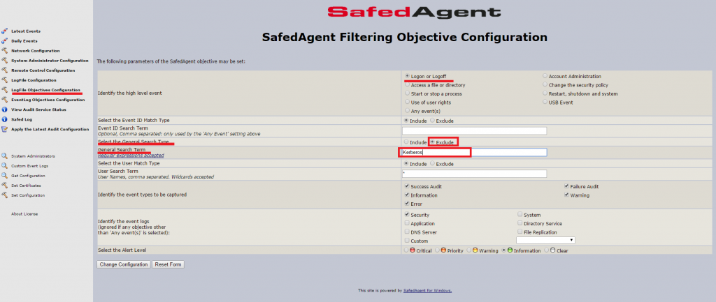 Safed Agent Filtering Objective Configuration