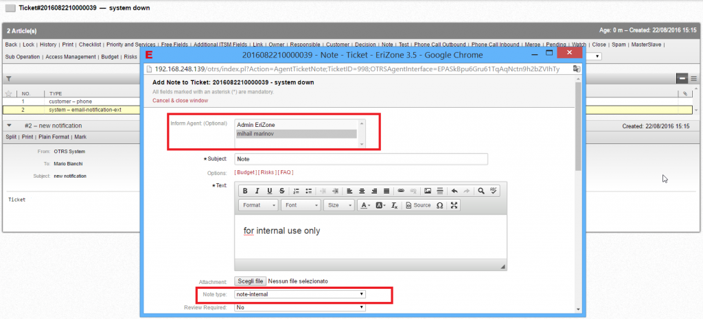 internal notes. Selected agents are informed by email