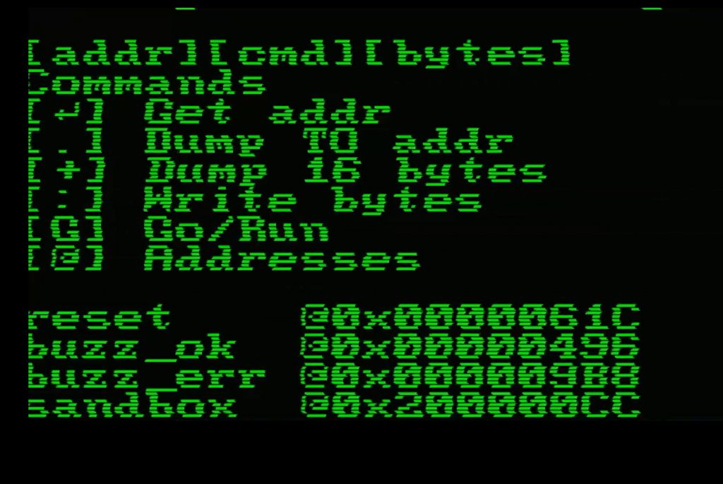 The RVMON boot screen showing the command list